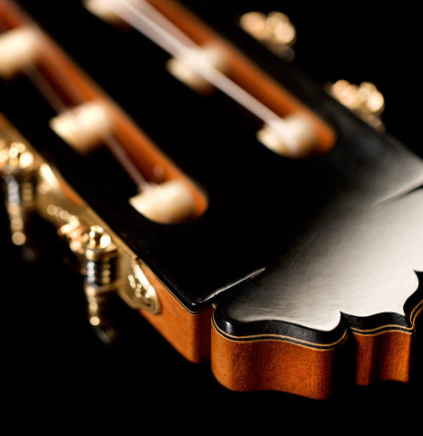The headstock of a 2021 Teodoro Perez "Antigua" classical guitar made with cedar top and African rosewood back and sides.