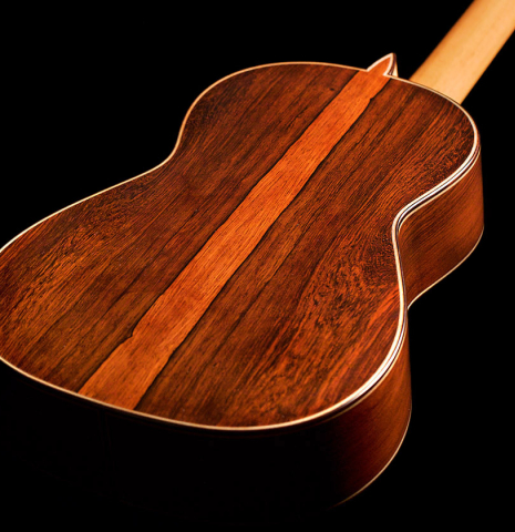 The back of a 2021 Teodoro Perez "Antigua" classical guitar made with cedar top and African rosewood back and sides.