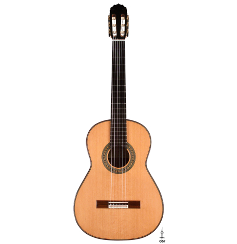 The front of a 2021 Teodoro Perez "Antigua" classical guitar made with cedar top and African rosewood back and sides.
