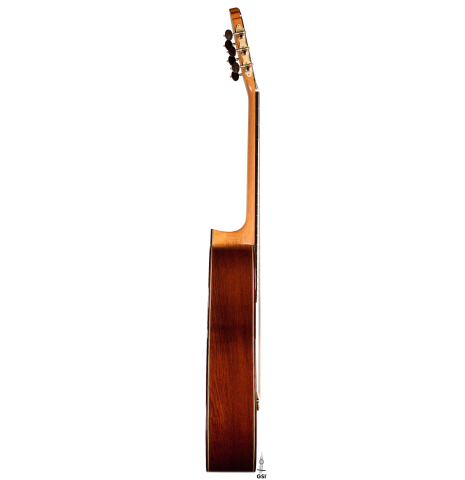 The side of a 2021 Teodoro Perez "Antigua" classical guitar made with cedar top and African rosewood back and sides.
