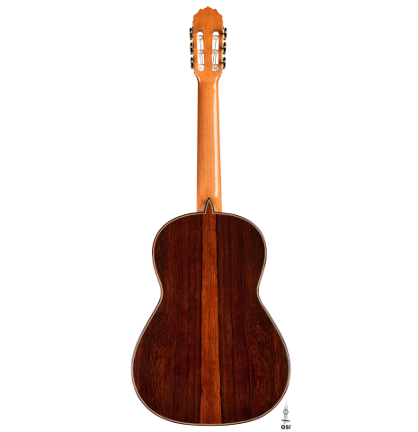 The back of a 2021 Teodoro Perez "Antigua" classical guitar made with cedar top and African rosewood back and sides.