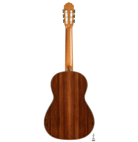 The back of a 2026 Teodoro Perez "Antigua" classical guitar made of cedar and African rosewood