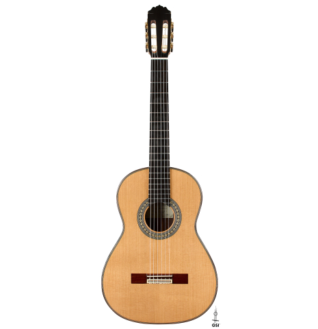 The front of a 2026 Teodoro Perez "Antigua" classical guitar made of cedar and African rosewood