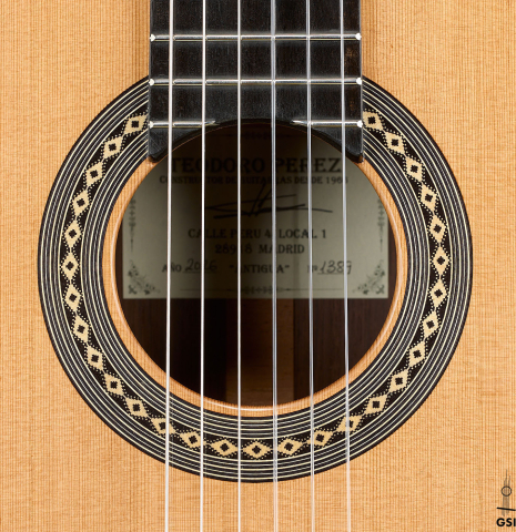 The rosette of a 2026 Teodoro Perez "Antigua" classical guitar made of cedar and African rosewood