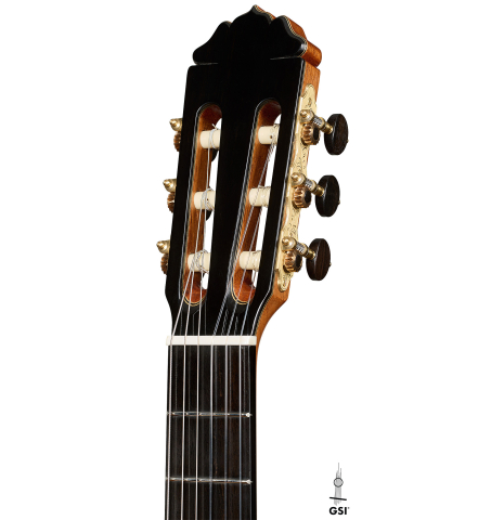 The headstock of a 2026 Teodoro Perez "Antigua" classical guitar made of cedar and African rosewood