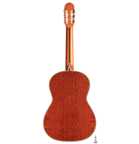 The back of a 2022 Teodoro Perez &quot;Especial&quot; classical guitar model made with cedar and Brazilian lacewood