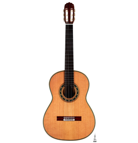 The front of a 2022 Teodoro Perez &quot;Especial&quot; classical guitar model made with cedar and Brazilian lacewood