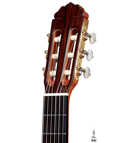 The headstock of a 2022 Teodoro Perez &quot;Especial&quot; classical guitar model made with cedar and Brazilian lacewood