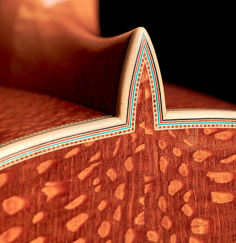 The Brazilian lacewood back of a 2022 Teodoro Perez &quot;Especial&quot; classical guitar model
