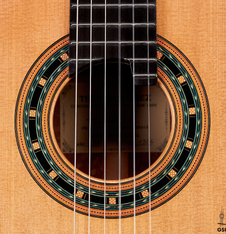 The rosette of a 2022 Teodoro Perez &quot;Especial&quot; classical guitar model made with cedar and Brazilian lacewood