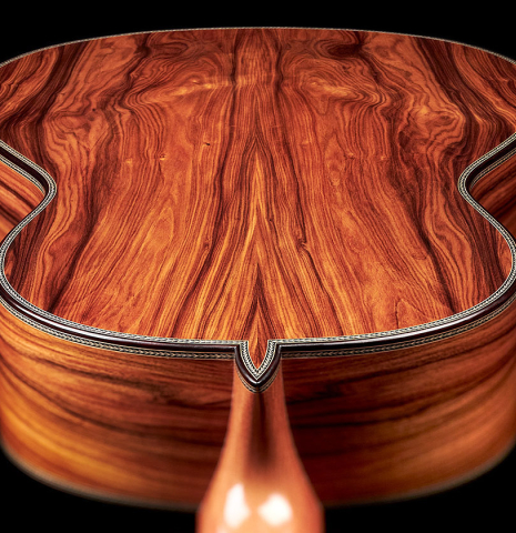 The back and heel of a 2023 Teodoro Perez "Especial" classical guitar made of cedar and pau ferro
