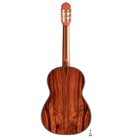 The back of a 2023 Teodoro Perez "Especial" classical guitar made of cedar and pau ferro against a white background