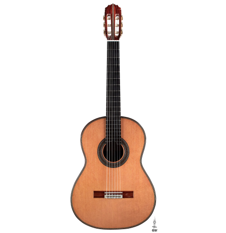 The front of a 2023 Teodoro Perez "Especial" classical guitar made of cedar and pau ferro against a white background