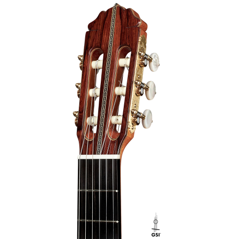 The headstock of a 2023 Teodoro Perez &quot;Especial&quot; classical guitar made of cedar and pau ferro