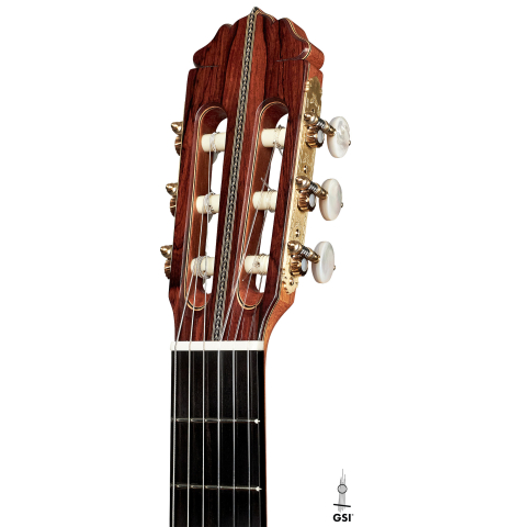 The headstock of a 2023 Teodoro Perez "Especial" classical guitar made of cedar and pau ferro