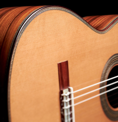 The top and sides of a 2023 Teodoro Perez "Especial" classical guitar made of cedar and pau ferro