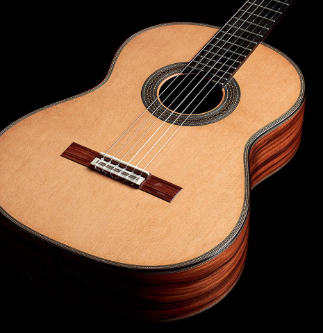 The top of a 2023 Teodoro Perez "Especial" classical guitar made of cedar and pau ferro