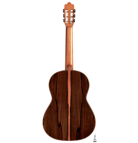 The back of a 2023 Sergio Perez "Segovia" model of classical guitar made of spruce and green ebony. 
