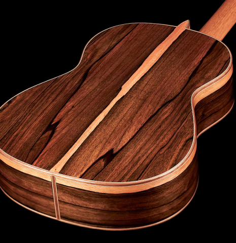 The back of a 2023 Sergio Perez "Segovia" model of classical guitar made of spruce and green ebony. 