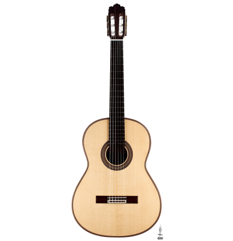 The front of a 2023 Sergio Perez "Segovia" model of classical guitar made of spruce and green ebony. 