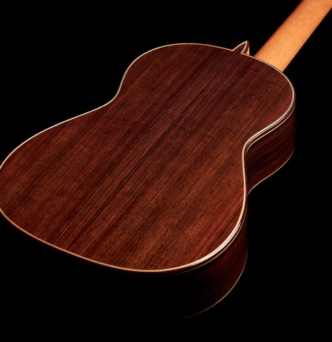 The back of a 2023 Teodoro Perez "Antigua" classical guitar made of spruce and Indian rosewood.