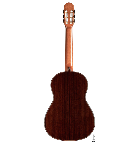 The back of a 2023 Teodoro Perez "Antigua" classical guitar made of spruce and Indian rosewood on a white background.