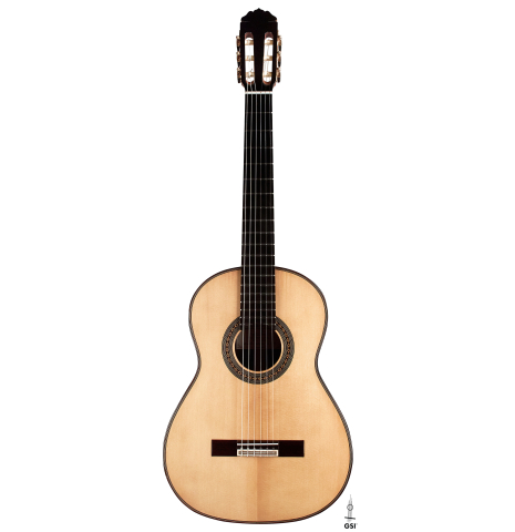 The front of a 2023 Teodoro Perez "Antigua" classical guitar made of spruce and Indian rosewood on a white background.
