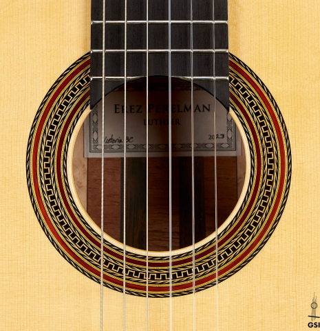 The rosette of a 2023 Erez Perelman classical guitar made of spruce and birdseye maple