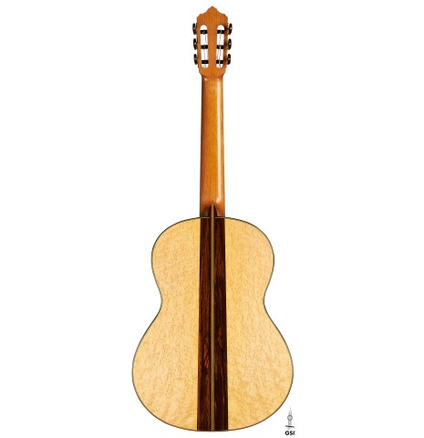 The back of a 2023 Erez Perelman classical guitar made of spruce and birdseye maple