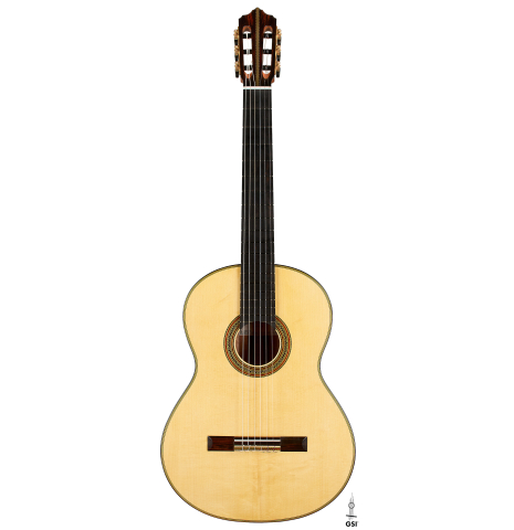 The front of a 2023 Erez Perelman classical guitar made of spruce and birdseye maple