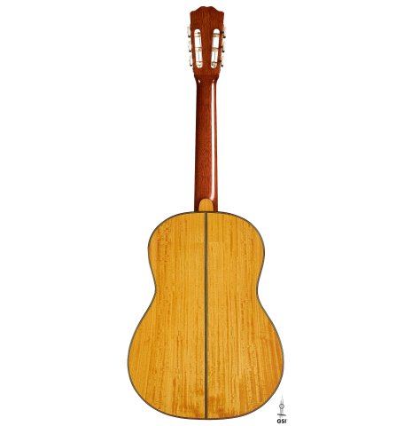 The back of a 2007 Daryl Perry "Simplicio" classical guitar made with spruce and satinwood