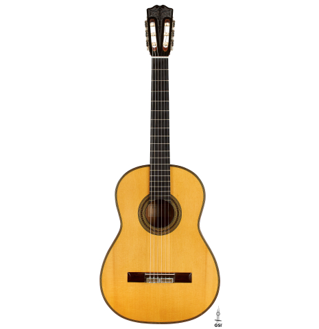 The front of a 2007 Daryl Perry "Simplicio" classical guitar made with spruce and satinwood