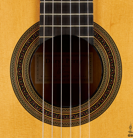 The rosette of a 2007 Daryl Perry "Simplicio" classical guitar made with spruce and satinwood