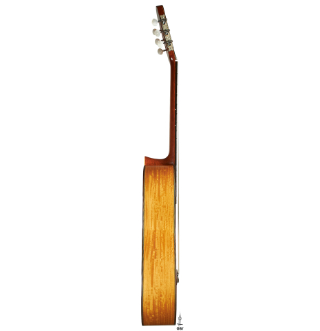 The side of a 2007 Daryl Perry "Simplicio" classical guitar made with spruce and satinwood