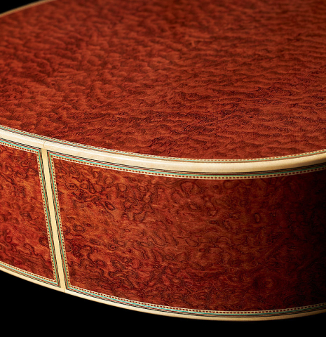 The back and sides at the foot of a 2024 Teodoro Perez "Especial" classical guitar made of spruce and Bubinga