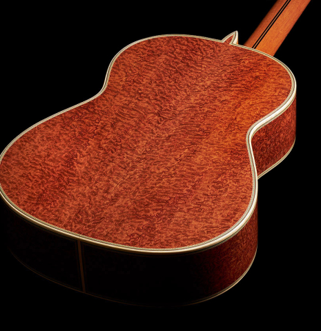 The back and sides of a 2024 Teodoro Perez "Especial" classical guitar made of spruce and Bubinga