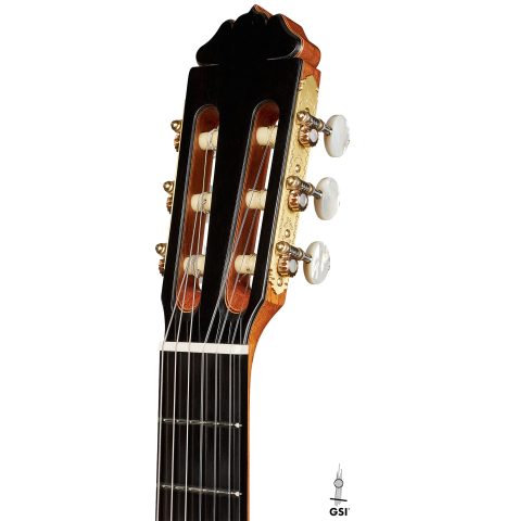 The headstock of a 2024 Teodoro Perez "Especial" classical guitar made of spruce and Bubinga