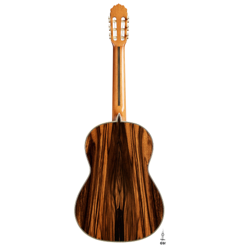 The back of a 2024 Teodoro Perez "Especial" classical guitar made of cedar and African ebony
