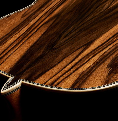 The heel, back binding and purfling of a 2024 Teodoro Perez "Especial" classical guitar made of cedar and African ebony
