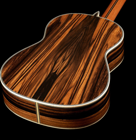The back and sides of a 2024 Teodoro Perez "Especial" classical guitar made of cedar and African ebony