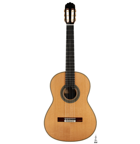 The front of a 2024 Teodoro Perez "Especial" classical guitar made of cedar and African ebony
