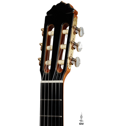 The headstock of a 2024 Teodoro Perez "Especial" classical guitar made of cedar and African ebony