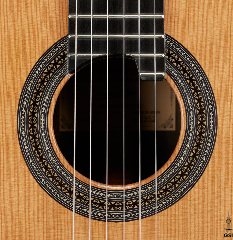 The rosette of a 2024 Teodoro Perez "Especial" classical guitar made of cedar and African ebony