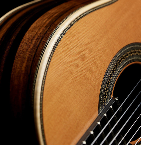 The top, side, bindings and purflings of a 2024 Teodoro Perez "Especial" classical guitar made of cedar and African ebony