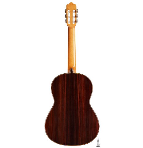 The back of a 2024 Sergio Perez "Segovia" classical guitar made of spruce and Indian rosewood.