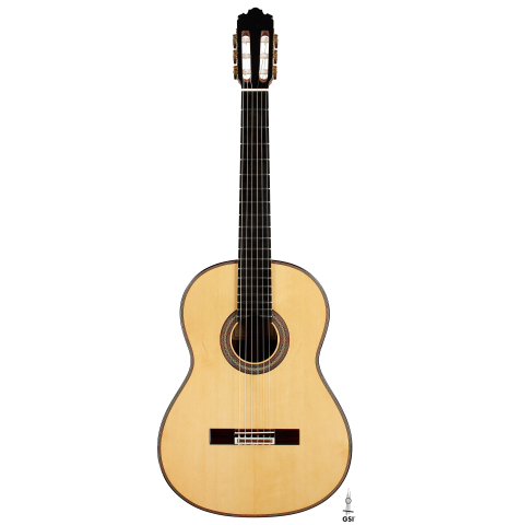 The front of a 2024 Sergio Perez "Segovia" classical guitar made of spruce and Indian rosewood.