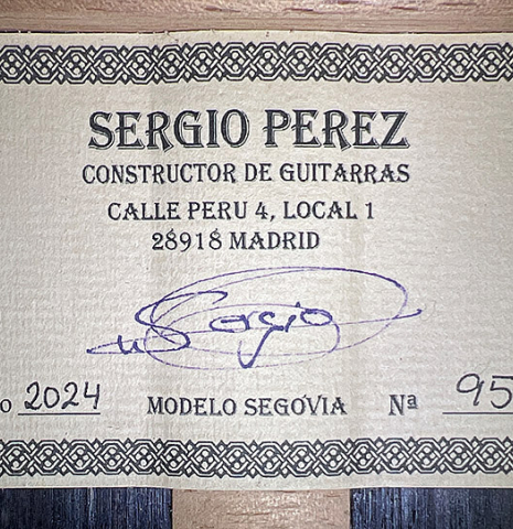 The label of a 2024 Sergio Perez "Segovia" classical guitar made of spruce and Indian rosewood.