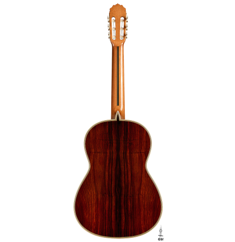 The back of a 2024 Teodoro Perez "Especial" classical guitar with cedar and cocobolo