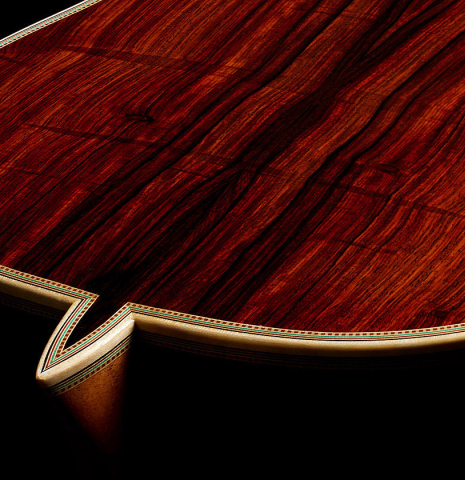 The heel, back binding and purfling of a 2024 Teodoro Perez "Especial" classical guitar with cedar and cocobolo
