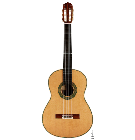 The front of a 2024 Teodoro Perez "Especial" classical guitar with cedar and cocobolo